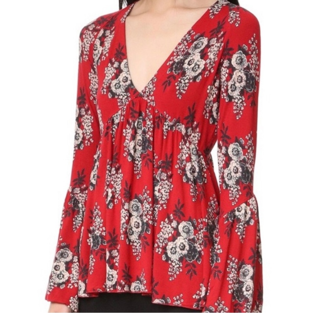 Free people red floral bell sleeve top